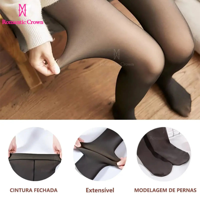 Meia-Calça Feminina Térmica Translúcida |  Plus Size | Forrada com Lã | Efeito Pele