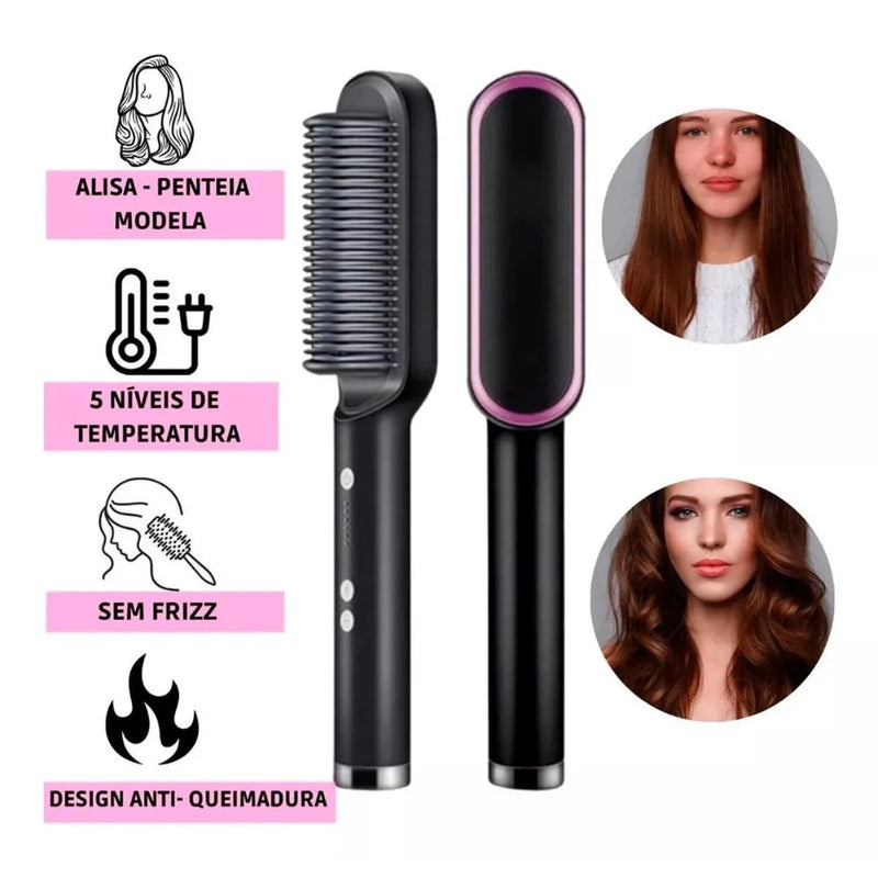 Escova Elétrica 3 em 1 Bivolt 120/220V – Alisa, Modela e Desembaraça com Aquecimento