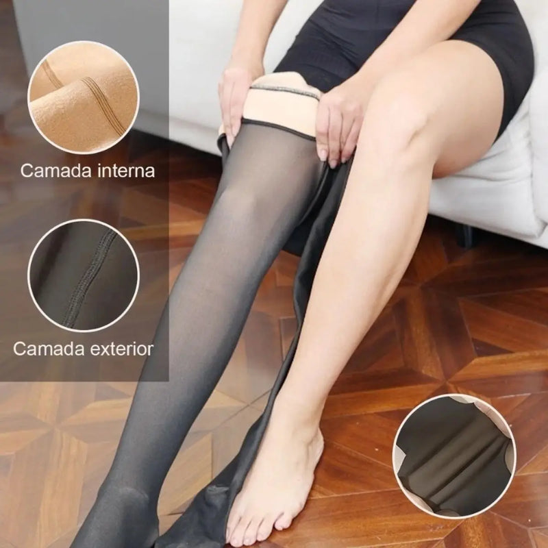 Meia-Calça Feminina Térmica Translúcida |  Plus Size | Forrada com Lã | Efeito Pele