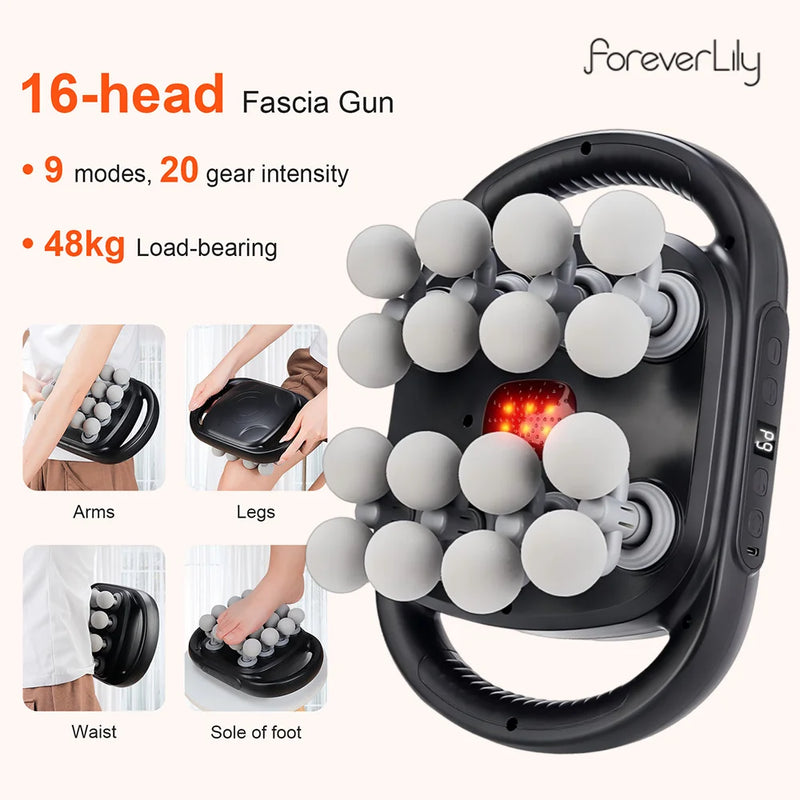 Massageador de Corpo 16 Cabeças – Pistola de Massagem por Vibração de Alta Frequência para Costas, Pescoço, Ombros e Músculos