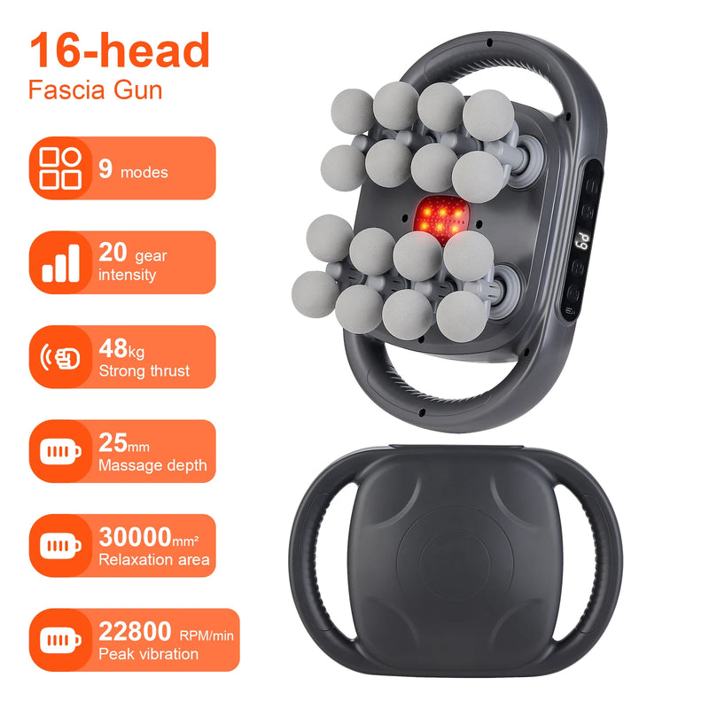 Massageador de Corpo 16 Cabeças – Pistola de Massagem por Vibração de Alta Frequência para Costas, Pescoço, Ombros e Músculos