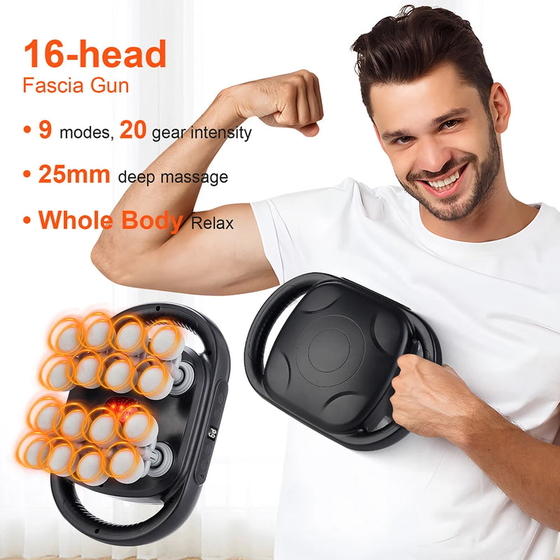 Massageador de Corpo 16 Cabeças – Pistola de Massagem por Vibração de Alta Frequência para Costas, Pescoço, Ombros e Músculos