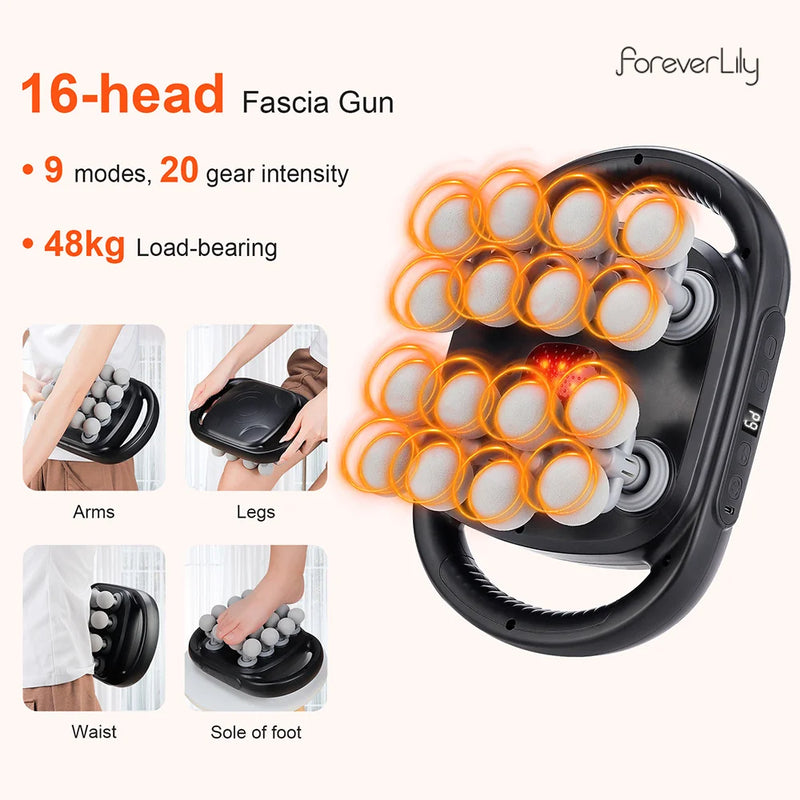Massageador de Corpo 16 Cabeças – Pistola de Massagem por Vibração de Alta Frequência para Costas, Pescoço, Ombros e Músculos