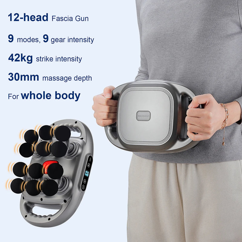 Massageador de Corpo 16 Cabeças – Pistola de Massagem por Vibração de Alta Frequência para Costas, Pescoço, Ombros e Músculos