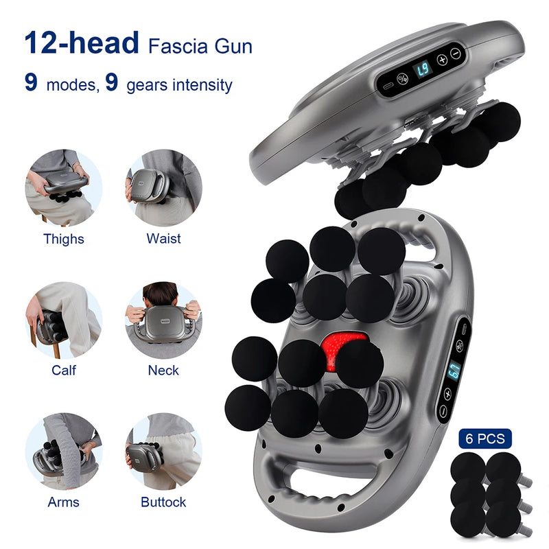 Massageador de Corpo 16 Cabeças – Pistola de Massagem por Vibração de Alta Frequência para Costas, Pescoço, Ombros e Músculos