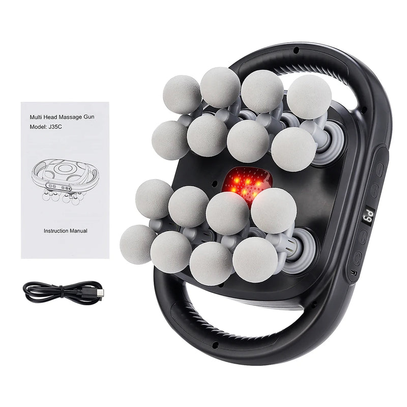 Massageador de Corpo 16 Cabeças – Pistola de Massagem por Vibração de Alta Frequência para Costas, Pescoço, Ombros e Músculos
