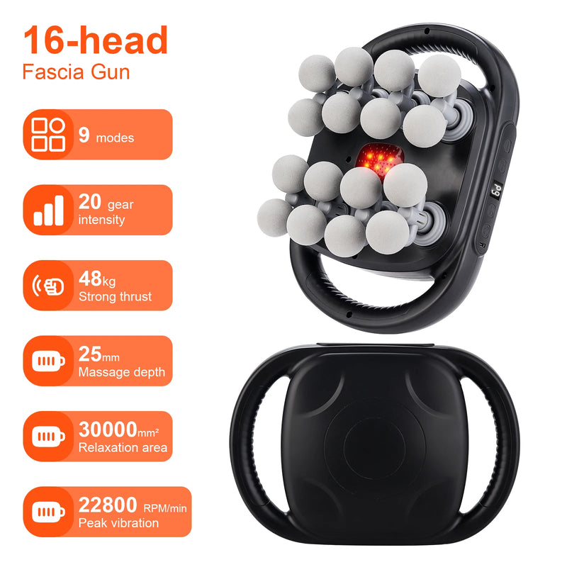 Massageador de Corpo 16 Cabeças – Pistola de Massagem por Vibração de Alta Frequência para Costas, Pescoço, Ombros e Músculos