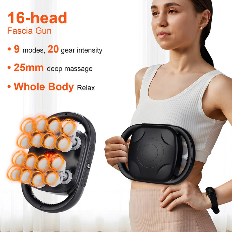 Massageador de Corpo 16 Cabeças – Pistola de Massagem por Vibração de Alta Frequência para Costas, Pescoço, Ombros e Músculos
